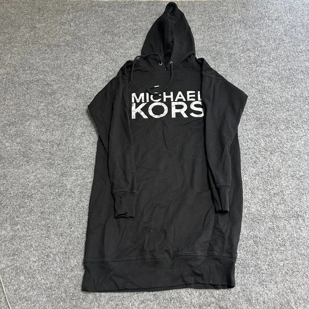 Michael Kors Hoodie Dress Womens Size XS Black Logo Graphic Long Sleeve Casual